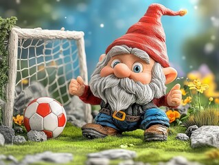 Obraz premium Playful Gnome with Soccer Ball in Colorful Garden Setting