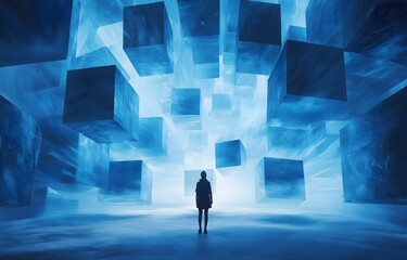 A person stands in a surreal landscape filled with floating blue cubes.