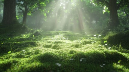 A peaceful forest floor covered in vibrant green moss, soft sunlight filtering through, ultra-realistic, high definition.