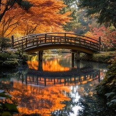 a wooden bridge arching over a reflective stream, surrounded by the warm hues of a Japanese autumn garden