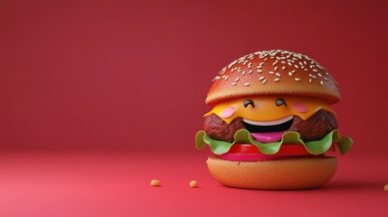 Cartoon burger with a happy expression, rendered in 3D.