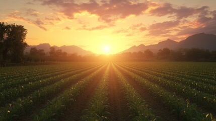 A peaceful sunset over a lush green field, rows of crops extending into the horizon, soft golden light, ultra-realistic, high definition.
