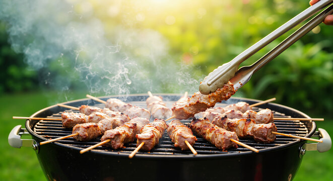 Juicy meat skewers grilling over charcoal barbecue outdoors
