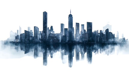 Obraz premium A cityscape with tall skyscrapers and buildings, set against a white background.