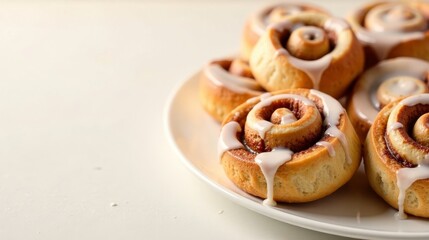 A plate of freshly baked cinnamon rolls, glistening with a sweet icing, presents a tempting array of delightful pastries, perfect for a cozy morning treat or an afternoon indulgence.