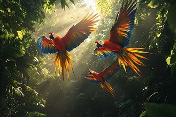 Stunning Scarlet Macaws in Flight Through Lush Rainforest Canopy