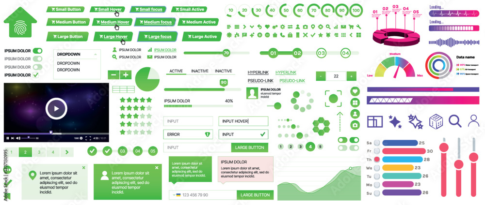 Poster set of ui/ux elements for websites and mobile applications: buttons, forms, menus, panels, icons, lo