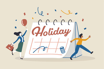 Company holiday for employee to take a break and recharge, employee appreciation day or long holiday happiness concept, business people with big calendar jumping with joy to celebrate long holiday.