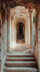 Naklejka premium Ancient Stone Staircase Leading Through Weathered Columns into a Dark Passageway Surrounded by Foliage