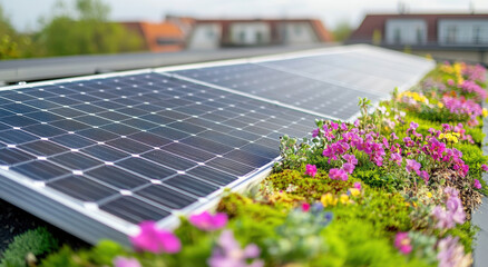 Fototapeta premium Solar panels are installed on a rooftop covered with vibrant flowers, showcasing sustainable energy and urban greenery under clear skies
