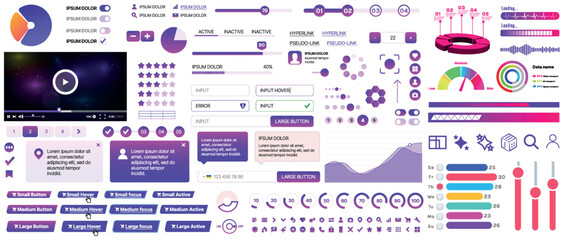 Naklejka premium Set of UI/UX elements for websites and mobile applications: buttons, forms, menus, panels, icons, login, payment, rating. Modern design for convenient interaction and business planning