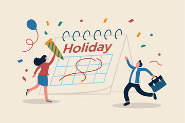 Company holiday for employee to take a break and recharge, employee appreciation day or long holiday happiness concept, business people with big calendar jumping with joy to celebrate long holiday.
