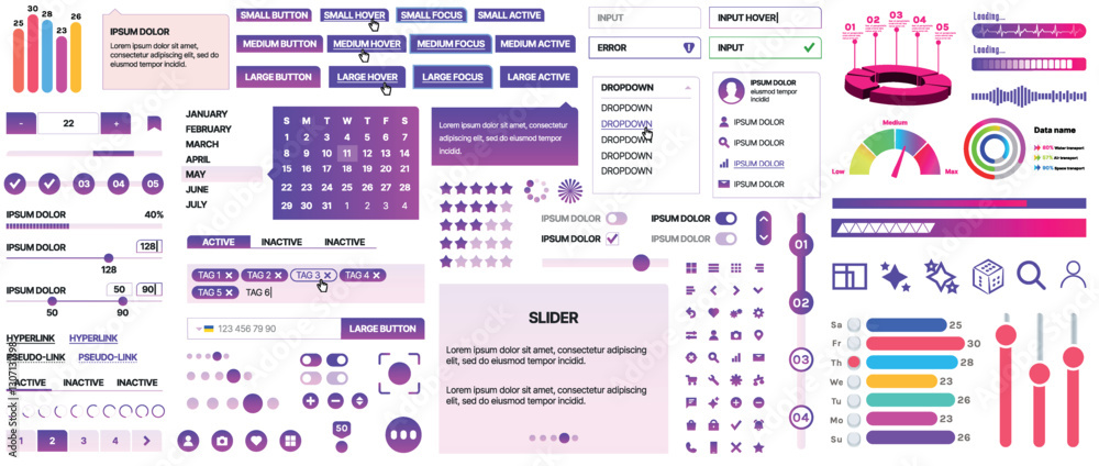 Poster set of ui/ux elements for websites and mobile applications: buttons, forms, menus, panels, icons, lo