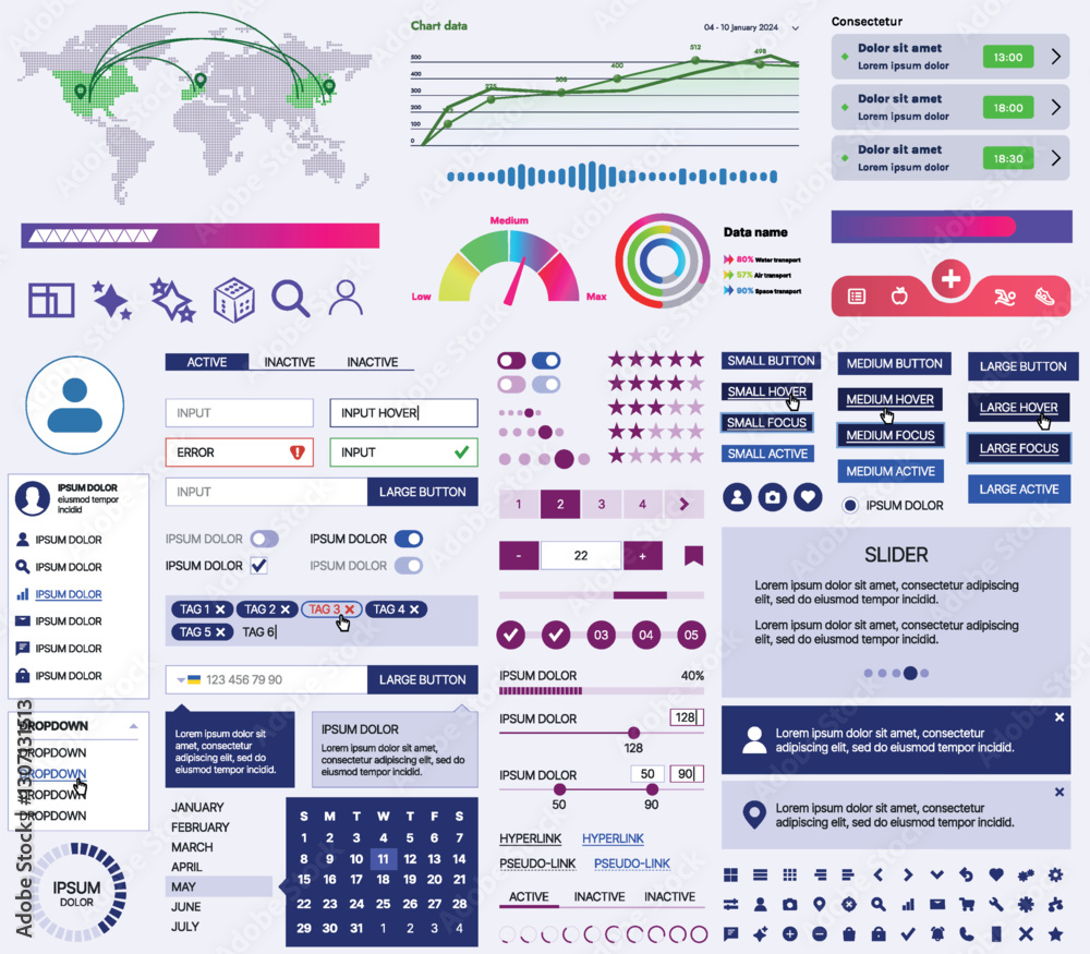 Poster set of ui/ux elements for websites and mobile applications: buttons, forms, menus, panels, icons, lo
