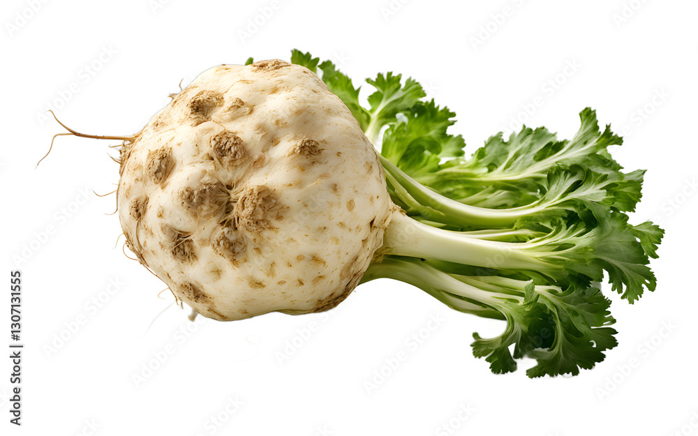 Poster a whole celery root with rough, knobby skin, isolated on a empty plain background