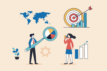 Customer research for marketing, study user behavior or analyze target group for advertising and marketing concept, businessman looking at big magnifier with customer group to see data analysis.