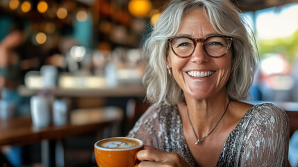 middle age woman in her 50s smiling while holding coffee cup in cozy cafe. Her silver hair and glasses complement her joyful expression, creating warm and