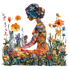 A woman sitting cross-legged in a field of flowers.
