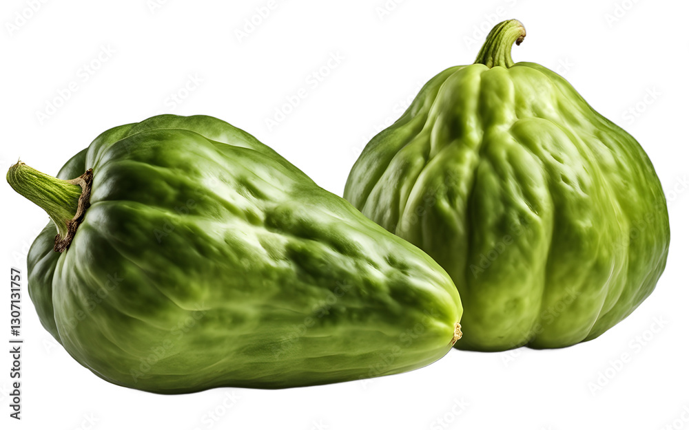 Poster A whole chayote squash with green bumpy skin, isolated on a empty plain background