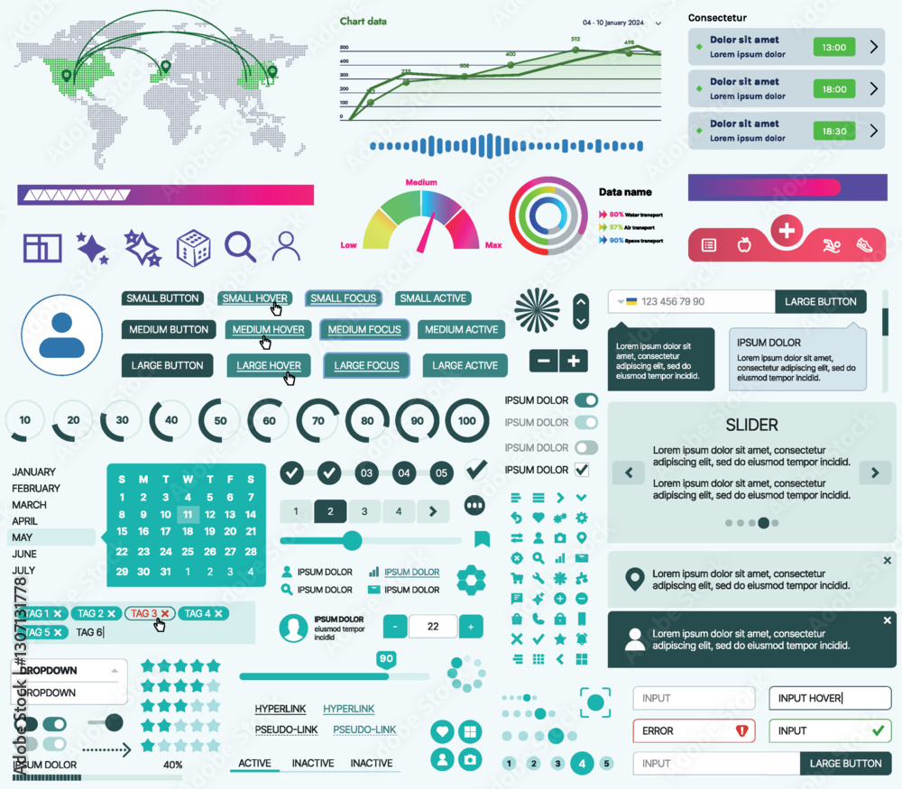 Wall mural set of ui/ux elements for websites and mobile applications: buttons, forms, menus, panels, icons, lo