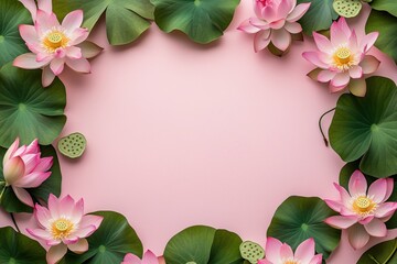 Moldura floral com flor de lótus rosa e folhas verdes vibrantes sobre fundo rosa suave, criada com IA generativa para um design delicado e natural