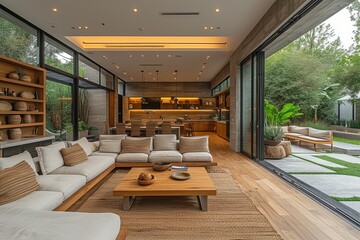 Large open living room with couch, coffee table and kitchen area. Apartment has modern design with lot of natural light coming in from the windows