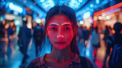 Futuristic cyber security system is tracking people walking in a shopping mall with facial recognition and big data analysis, highlighting potential threats and security.