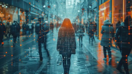 Futuristic cyber security system is tracking people walking in a shopping mall with facial recognition and big data analysis, highlighting potential threats and security.
