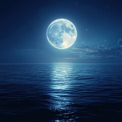 Full Moon Illuminating Ocean Waves Under Starry Night Sky