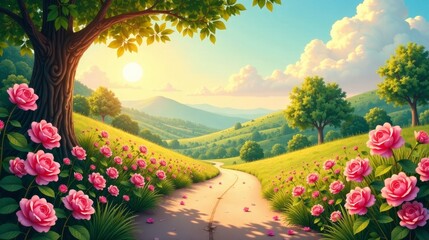 Serene Sunrise Path Through Rolling Hills Adorned with Blooming Pink Roses and Lush Greenery