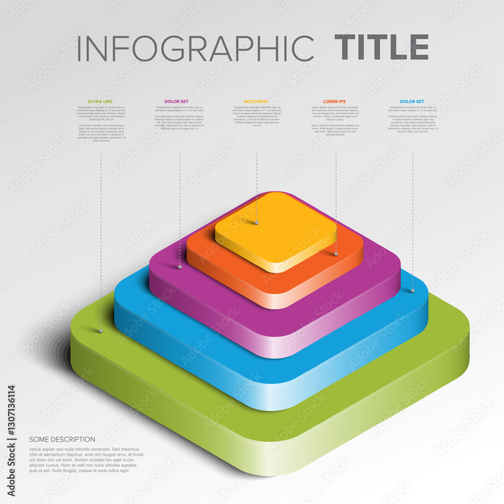 Poster a 3d layered infographic with colorful overlapping rectangles in a pyramid structure. this design sh