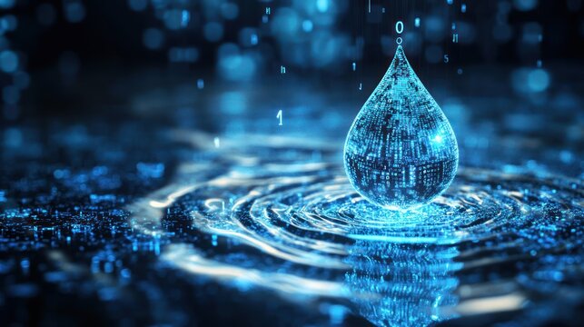 Digital water drop with binary code falling on water surface.