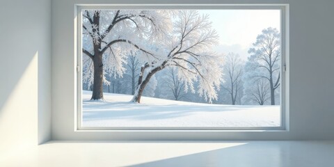 Winter wonderland viewed from a minimalist interior's expansive window showcasing snow-covered trees and a serene landscape