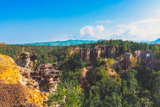 Pha Singh Leaw the wonder landscape of attractions natural phenomenon in Chiang Mai,Thailand. Canyon and green forest in nature. The sand stone mountain or canyon natural phenomenon cliff and pillars.