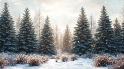 Obraz premium Serene Snow-Covered Coniferous Forest with Gentle Snowfall and Soft Sunrise Light