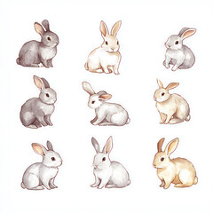 Fototapeta premium Cute water color pastel illustration stickers of rabbits in various colors and poses, their playful nature and charm. Perfect for decorating notebooks or crafts