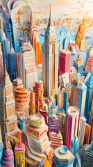 Fototapeta premium A vibrant, colorful paper-cut skyline featuring iconic skyscrapers and bustling city life.
