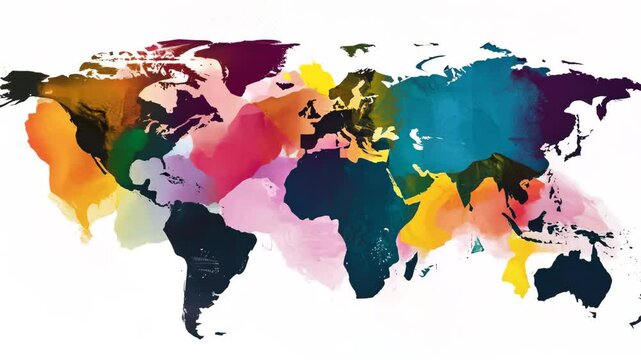 Vibrant abstract world map transitions with dynamic color shifts and textured elements