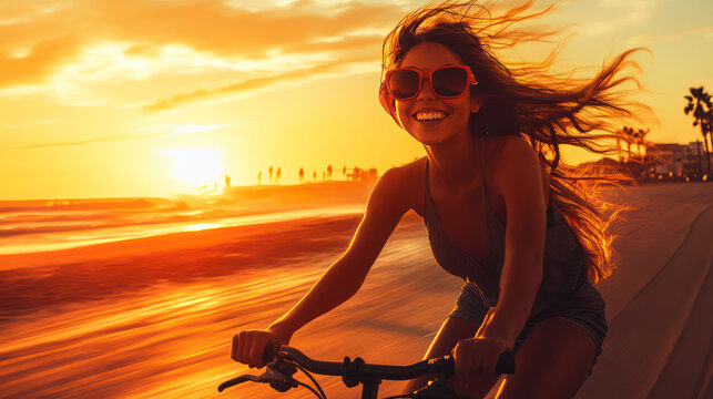woman riding bicycle on beach during sunset, smiling joyfully. vibrant colors of sunset create warm
