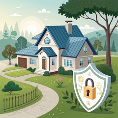 Naklejka premium Charming Home with Secure Insurance Symbol and Green Surroundings for Peace of Mind Living