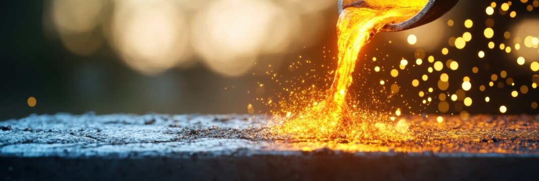 industrial metal casting, a futuristic, high-tech background with glowing molten metal pouring into a mold free copy space on the left, intense metal casting on the right