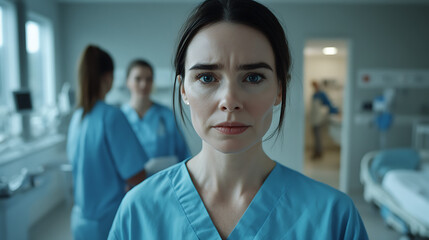 hospital scene with confident nurse looking at camera as part of a team of medical professionals in the ward highlighting care and support services