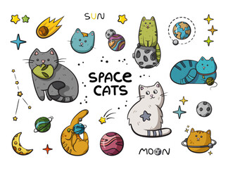 The sticker set of playful kittens among whimsical planets and sparkling stars on a soft white background, blending cosmic adventure with feline charm