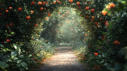 Tranquil Garden Pathway Framed by Vibrant Orange Roses and Soft Sunlight Filtering Through Foliage