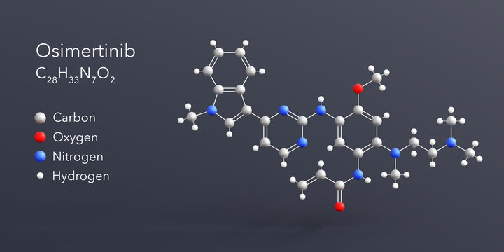 osimertinib molecule 3d rendering, flat molecular structure with chemical formula and atoms color coding