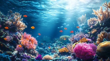 Vibrant coral reef ecosystem with colorful fish