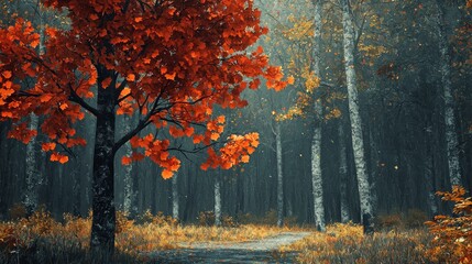 Vibrant Red Leafed Tree Amidst a Misty Autumn Forest Pathway with Soft Lighting