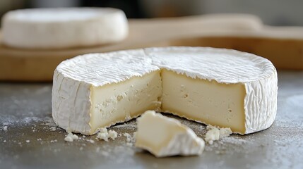 Naklejka premium Close-Up of Textured Cheese Wheel on Surface with Highlighted Creamy Interior and Crumbled Exterior for Culinary Focus