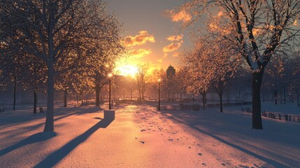 A snow-covered park at sunset, soft light casting long shadows, peaceful and calming atmosphere, ultra-realistic, high definition.