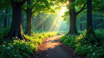 Naklejka premium Sunlit Path Winding Through a Mystical Forest of Ancient Trees and Blooming Wildflowers